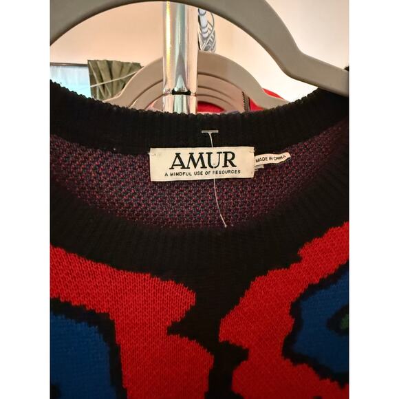 AMUR Nataly Floral Jacquard Merino Wool Sweater Mini Dress Black Multicolor Sm - Picture 3 of 5